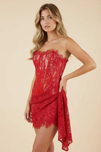 Anouk Lace Trim Corset Mini Dress with Defined Waist in Red