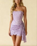 Anouk Lace Trim Corset Mini Dress with Defined Waist in Purple