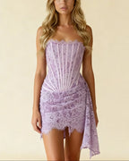 Anouk Lace Trim Corset Mini Dress with Defined Waist in Purple