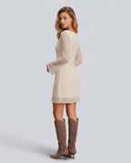 Anouk Scalloped Lace Bell Sleeve Mini Dress in Apricot in Apricot