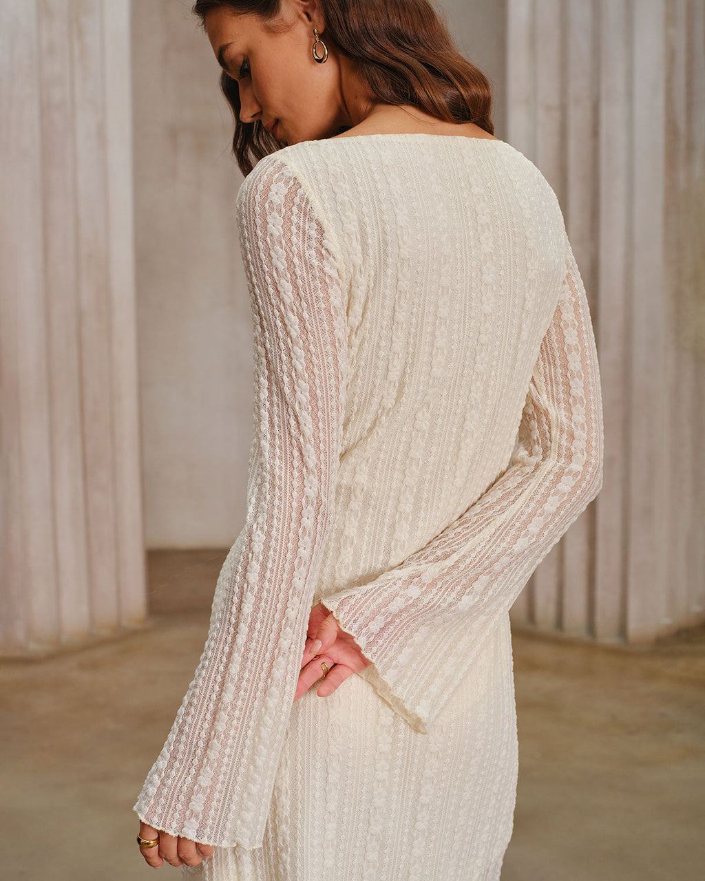 Anouk Scalloped Lace Bell Sleeve Mini Dress in Apricot in Apricot
