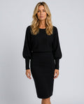 Antonella Lantern Sleeve Ribbed Knit Midi Dress in Black