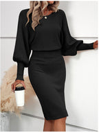 Antonella Lantern Sleeve Ribbed Knit Midi Dress in Black