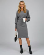 Antonella Lantern Sleeve Ribbed Knit Midi Dress in Gray