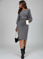 Antonella Lantern Sleeve Ribbed Knit Midi Dress in Gray