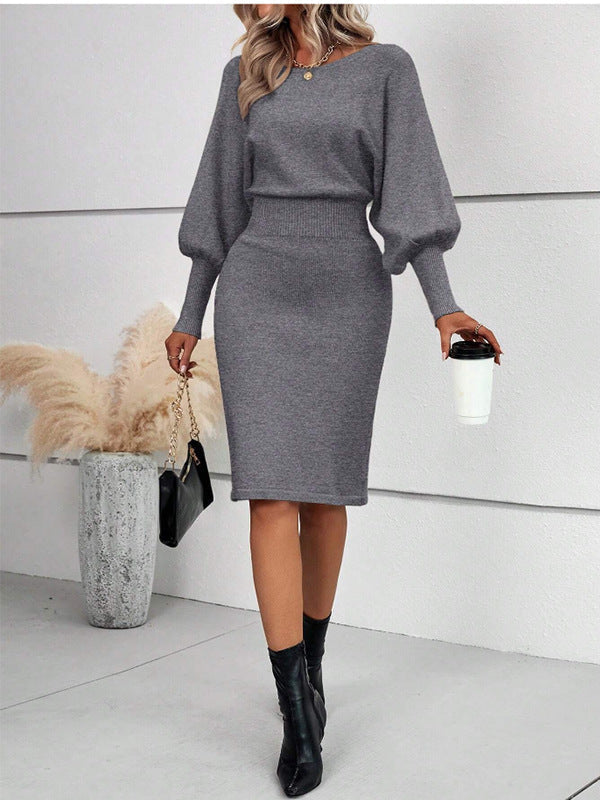 Antonella Lantern Sleeve Ribbed Knit Midi Dress in Gray