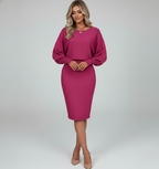 Antonella Lantern Sleeve Ribbed Knit Midi Dress in Pink