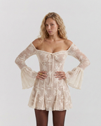Ava Lace Mini Dress with Long Sleeves and Flared Skirt in Cream