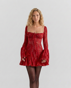 Ava Lace Mini Dress with Long Sleeves and Flared Skirt in Red