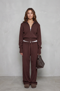 Blair Ribbed Knit Zip Cardigan and Wide Leg Trouser Set in Brown