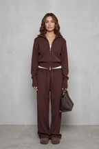 Blair Ribbed Knit Zip Cardigan and Wide Leg Trouser Set in Brown