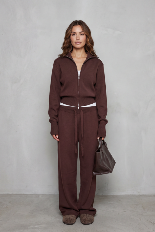 Blair Ribbed Knit Zip Cardigan and Wide Leg Trouser Set in Brown