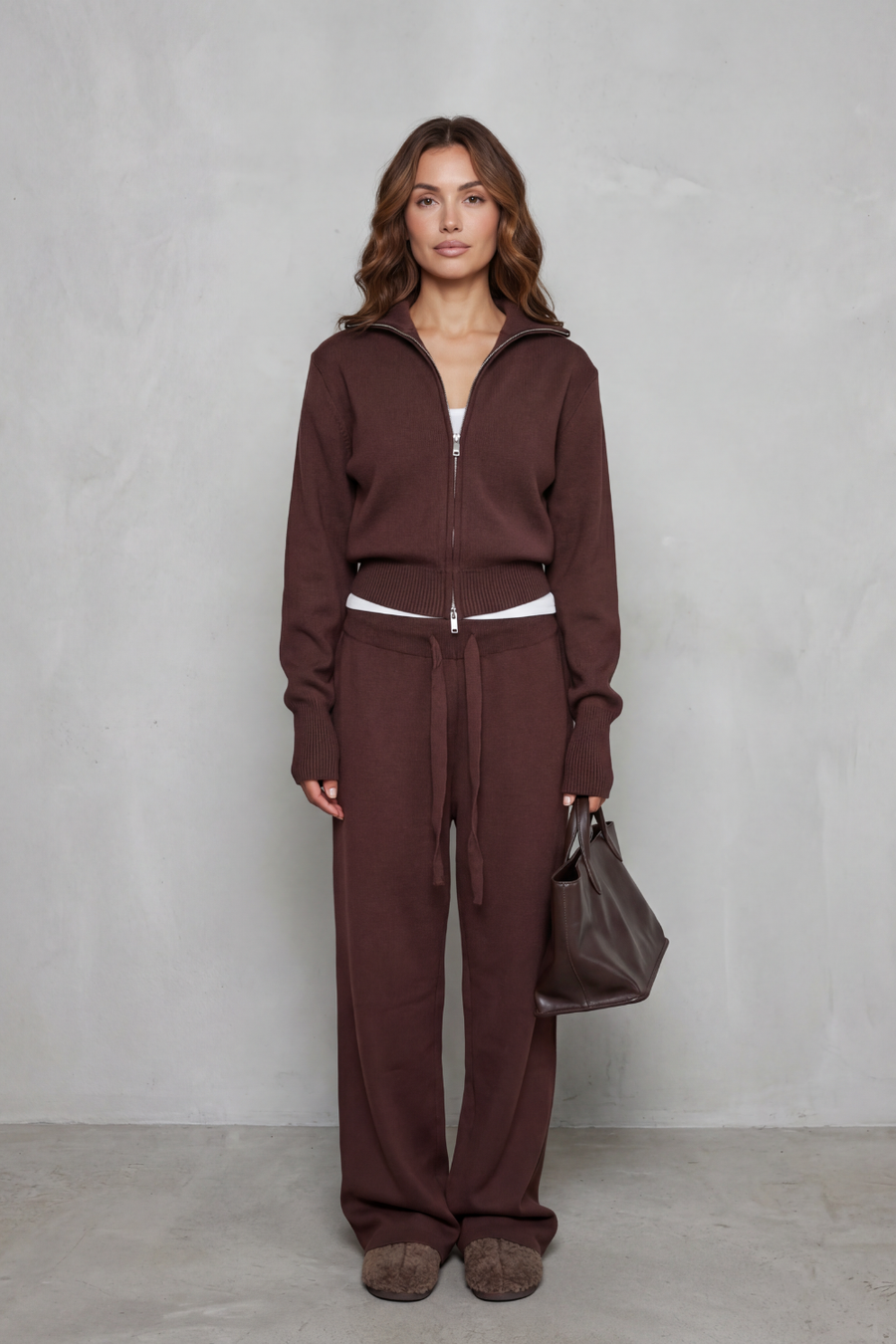 Blair Ribbed Knit Zip Cardigan and Wide Leg Trouser Set in Brown