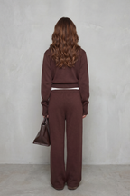 Blair Ribbed Knit Zip Cardigan and Wide Leg Trouser Set in Brown