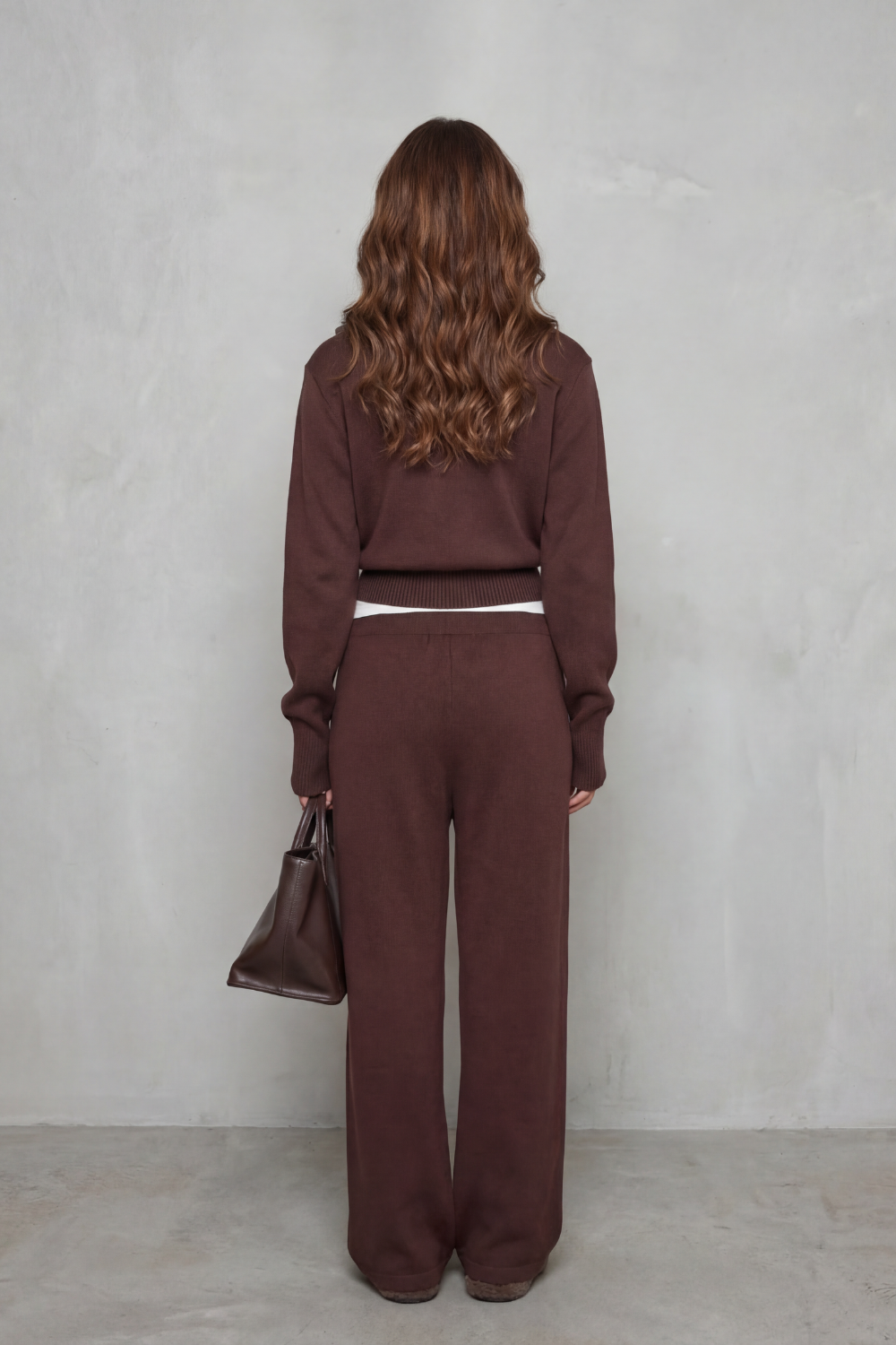 Blair Ribbed Knit Zip Cardigan and Wide Leg Trouser Set in Brown