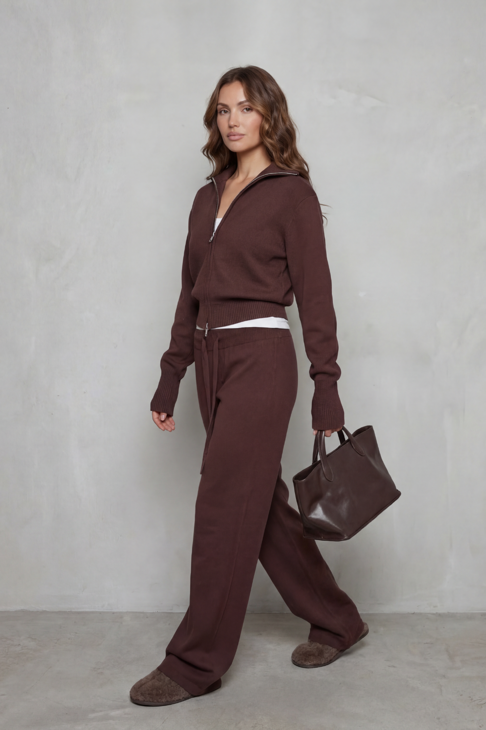 Blair Ribbed Knit Zip Cardigan and Wide Leg Trouser Set in Brown