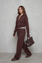 Blair Ribbed Knit Zip Cardigan and Wide Leg Trouser Set in Brown