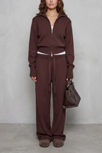 Blair Ribbed Knit Zip Cardigan and Wide Leg Trouser Set in Brown
