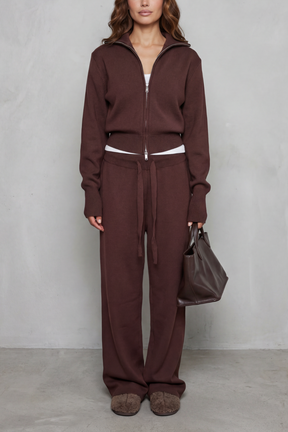 Blair Ribbed Knit Zip Cardigan and Wide Leg Trouser Set in Brown