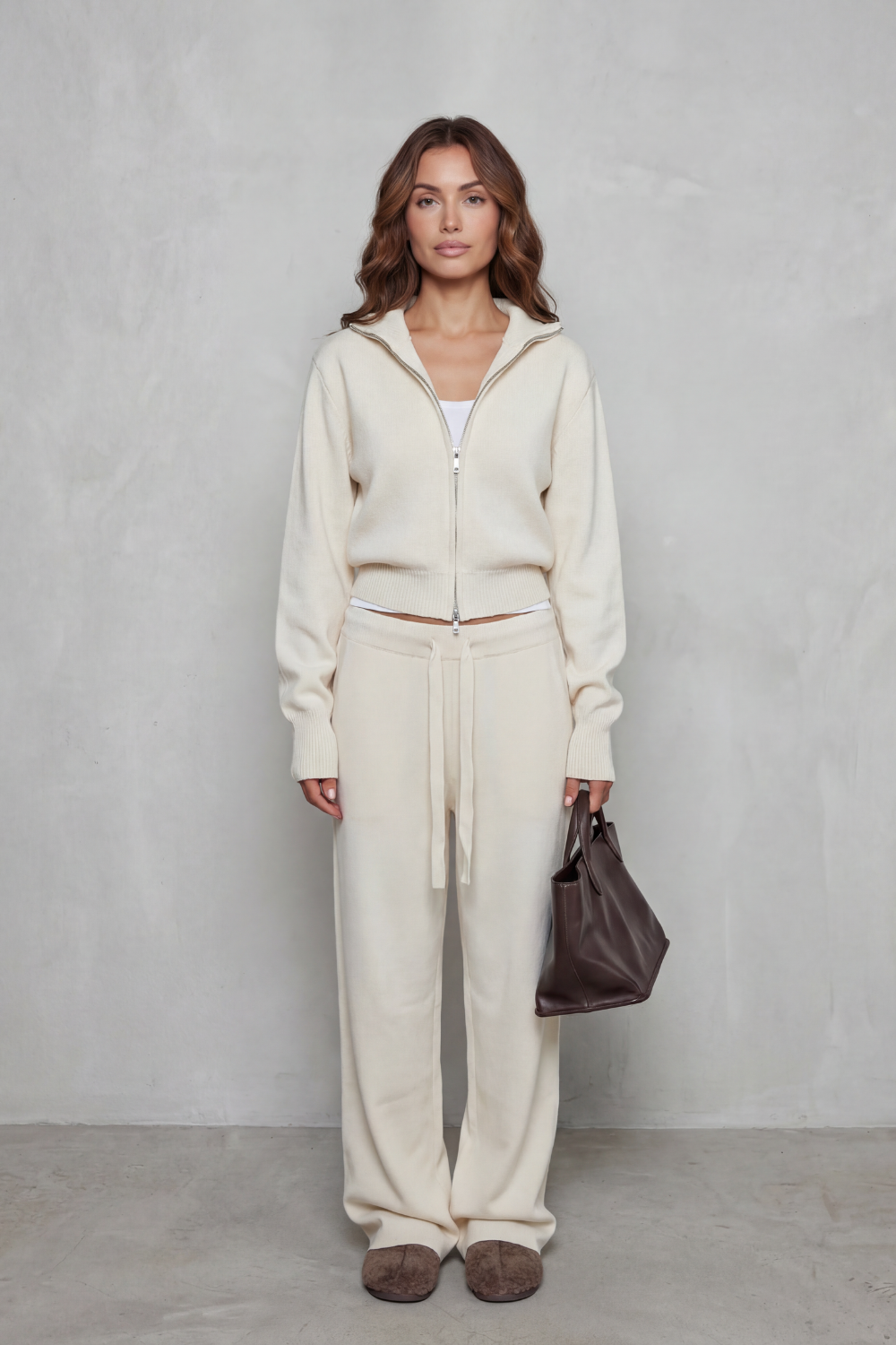 Blair Ribbed Knit Zip Cardigan and Wide Leg Trouser Set in White