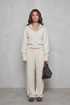 Blair Ribbed Knit Zip Cardigan and Wide Leg Trouser Set in White