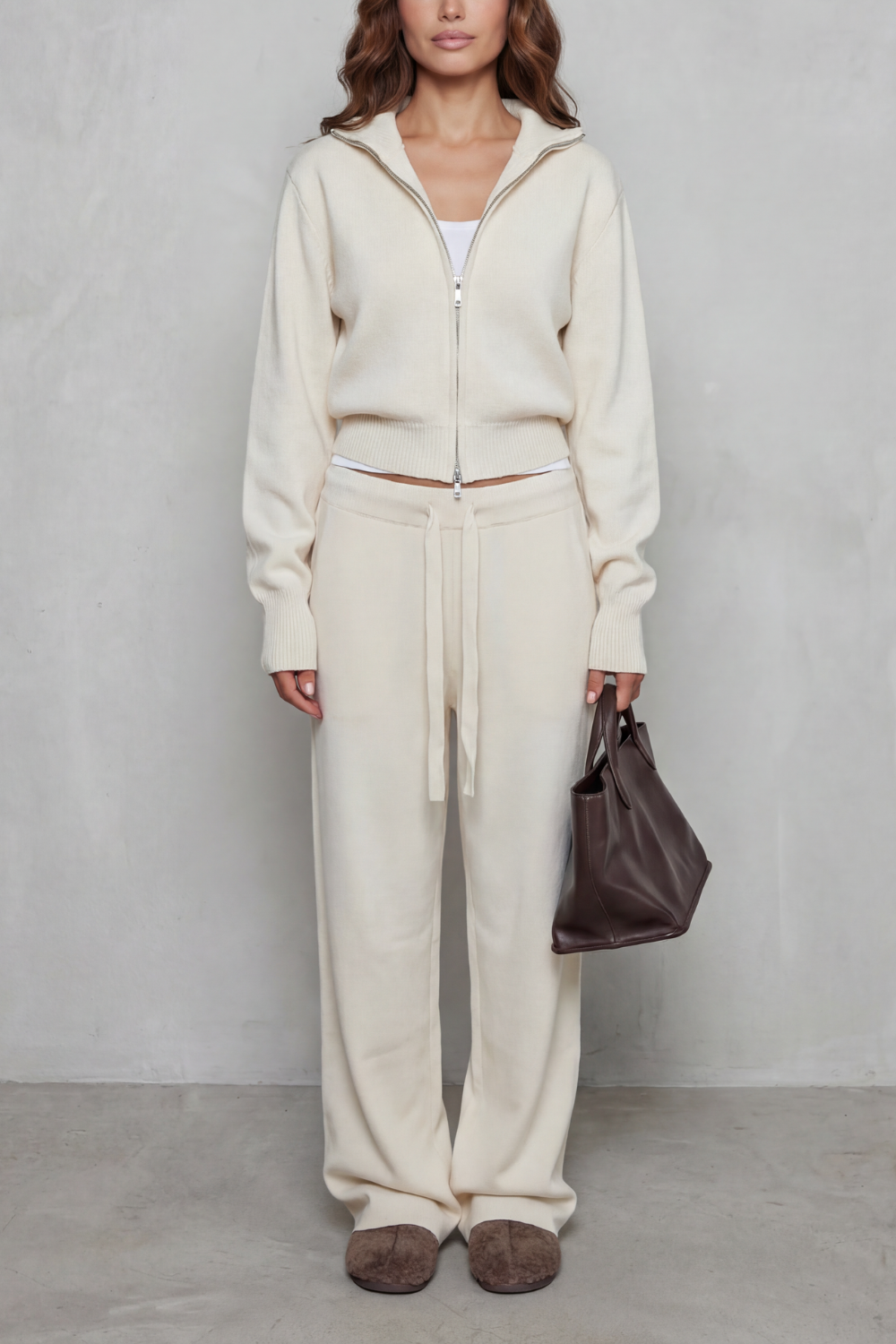 Blair Ribbed Knit Zip Cardigan and Wide Leg Trouser Set in White