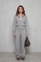 Blair Ribbed Knit Zip Cardigan and Wide Leg Trouser Set in Gray