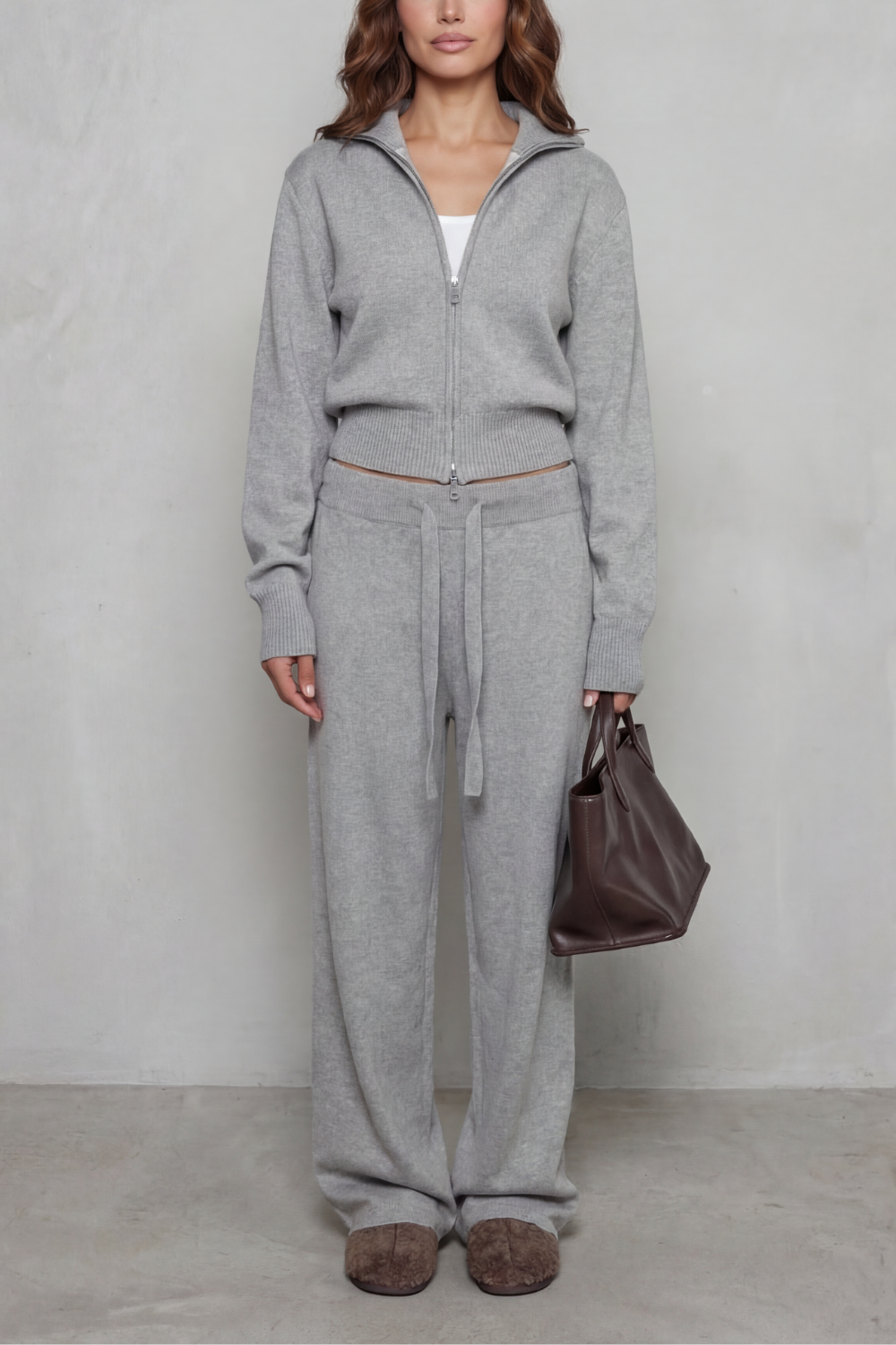 Blair Ribbed Knit Zip Cardigan and Wide Leg Trouser Set in Gray