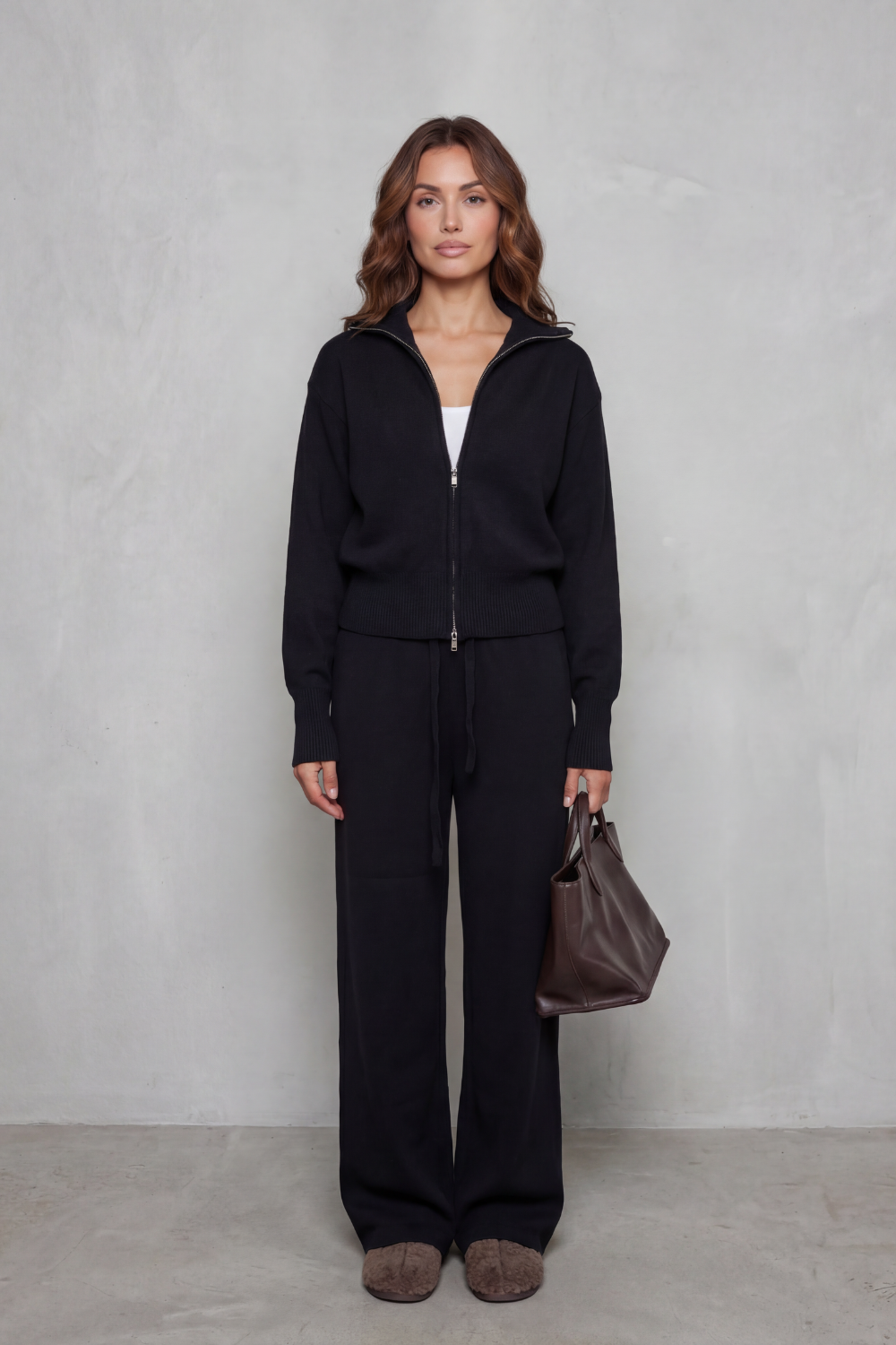 Blair Ribbed Knit Zip Cardigan and Wide Leg Trouser Set in Black