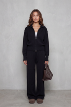 Blair Ribbed Knit Zip Cardigan and Wide Leg Trouser Set in Black