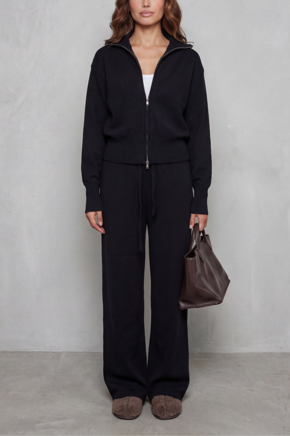 Blair Ribbed Knit Zip Cardigan and Wide Leg Trouser Set in Black