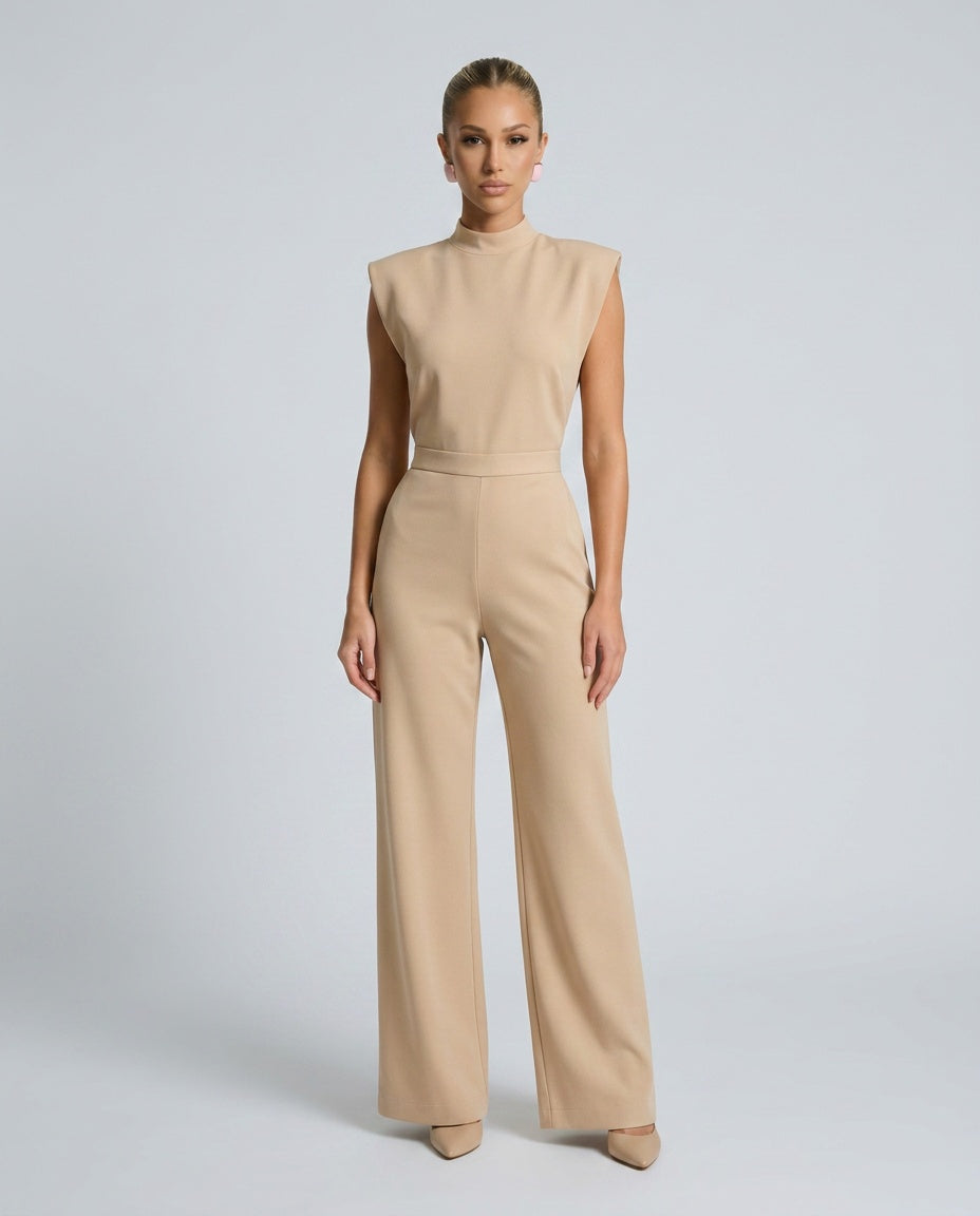 Brooke Satin Look Wide Leg Jumpsuit with Open Back in Beige