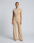Brooke Satin Look Wide Leg Jumpsuit with Open Back in Beige
