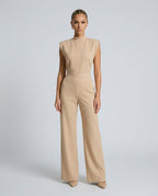 Brooke Satin Look Wide Leg Jumpsuit with Open Back in Beige