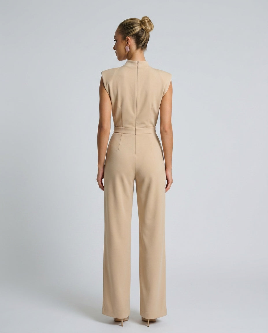 Brooke Satin Look Wide Leg Jumpsuit with Open Back in Beige