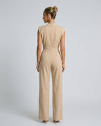 Brooke Satin Look Wide Leg Jumpsuit with Open Back in Beige