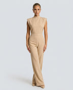 Brooke Satin Look Wide Leg Jumpsuit with Open Back in Beige