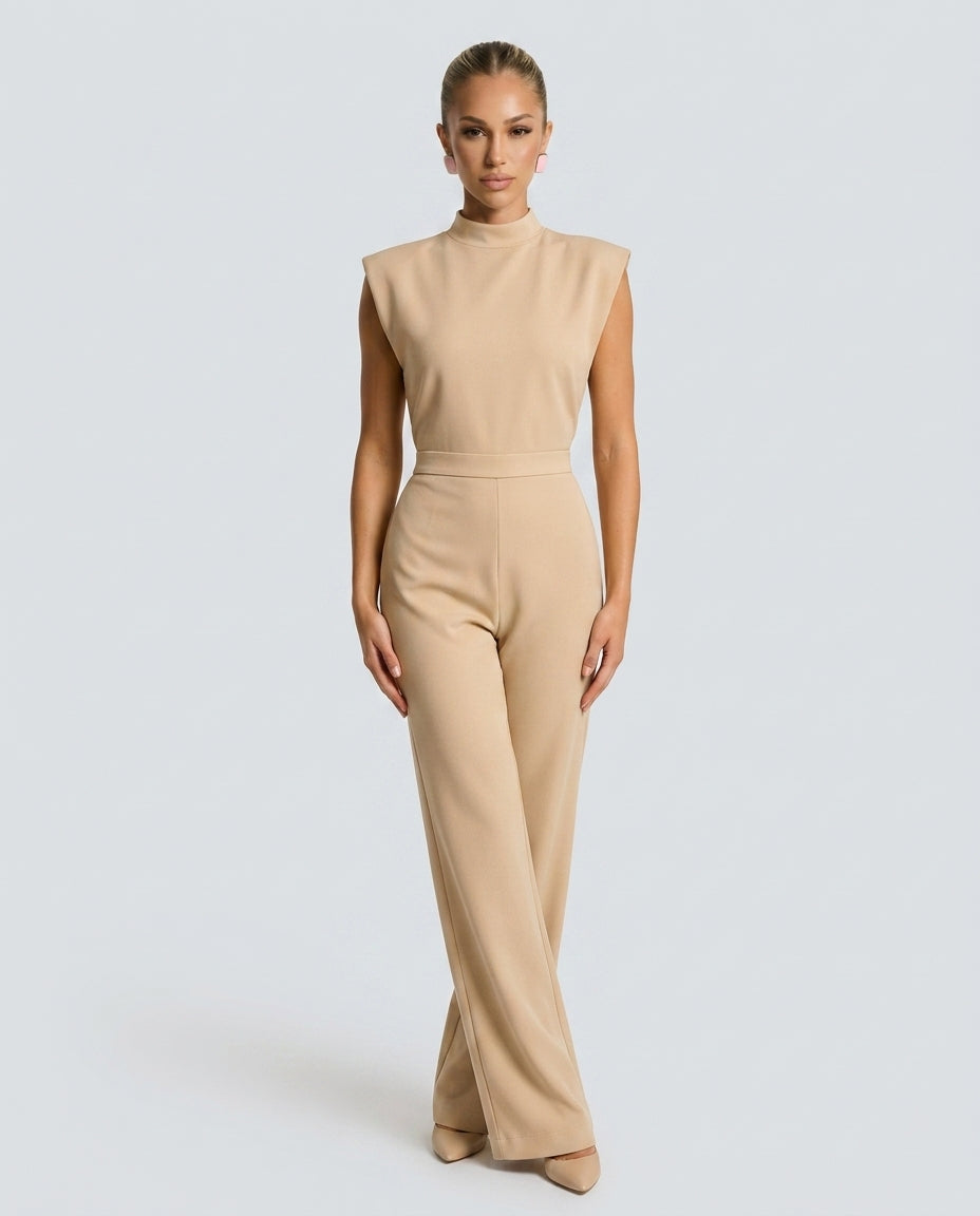 Brooke Satin Look Wide Leg Jumpsuit with Open Back in Beige