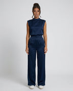 Brooke Satin Look Wide Leg Jumpsuit with Open Back in Navy