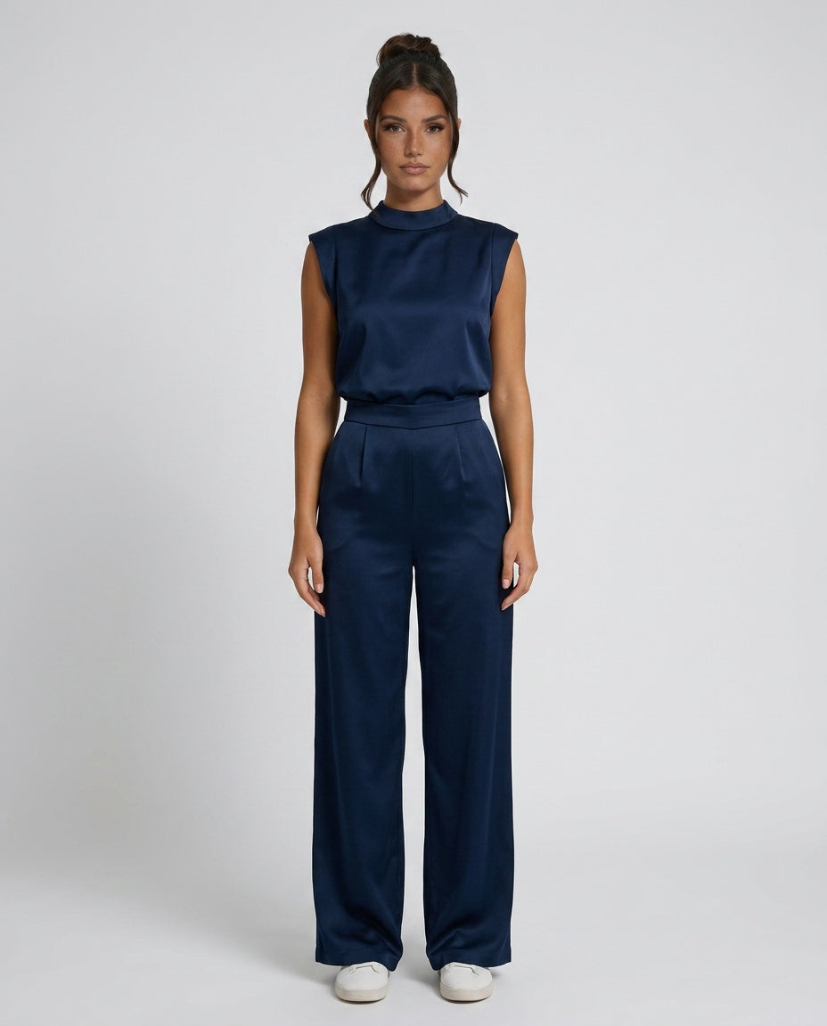 Brooke Satin Look Wide Leg Jumpsuit with Open Back in Navy