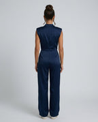 Brooke Satin Look Wide Leg Jumpsuit with Open Back in Navy