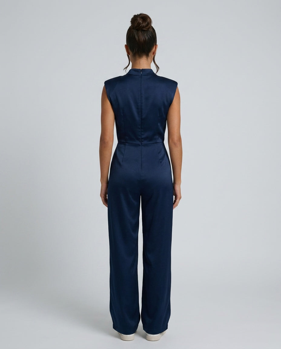 Brooke Satin Look Wide Leg Jumpsuit with Open Back in Navy