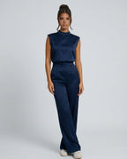 Brooke Satin Look Wide Leg Jumpsuit with Open Back in Navy