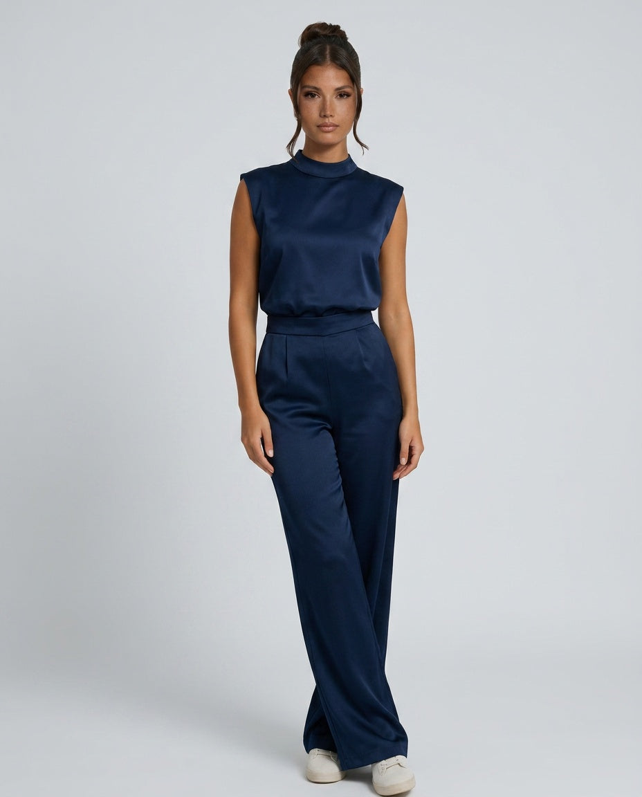 Brooke Satin Look Wide Leg Jumpsuit with Open Back in Navy