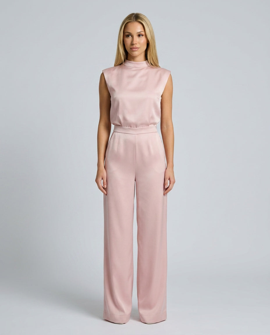 Brooke Satin Look Wide Leg Jumpsuit with Open Back in Pink