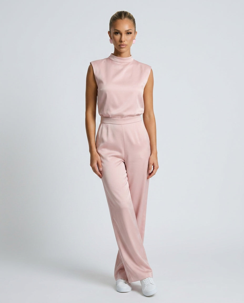 Brooke Satin Look Wide Leg Jumpsuit with Open Back in Pink