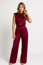 Brooke Satin Look Wide Leg Jumpsuit with Open Back in Wine Red