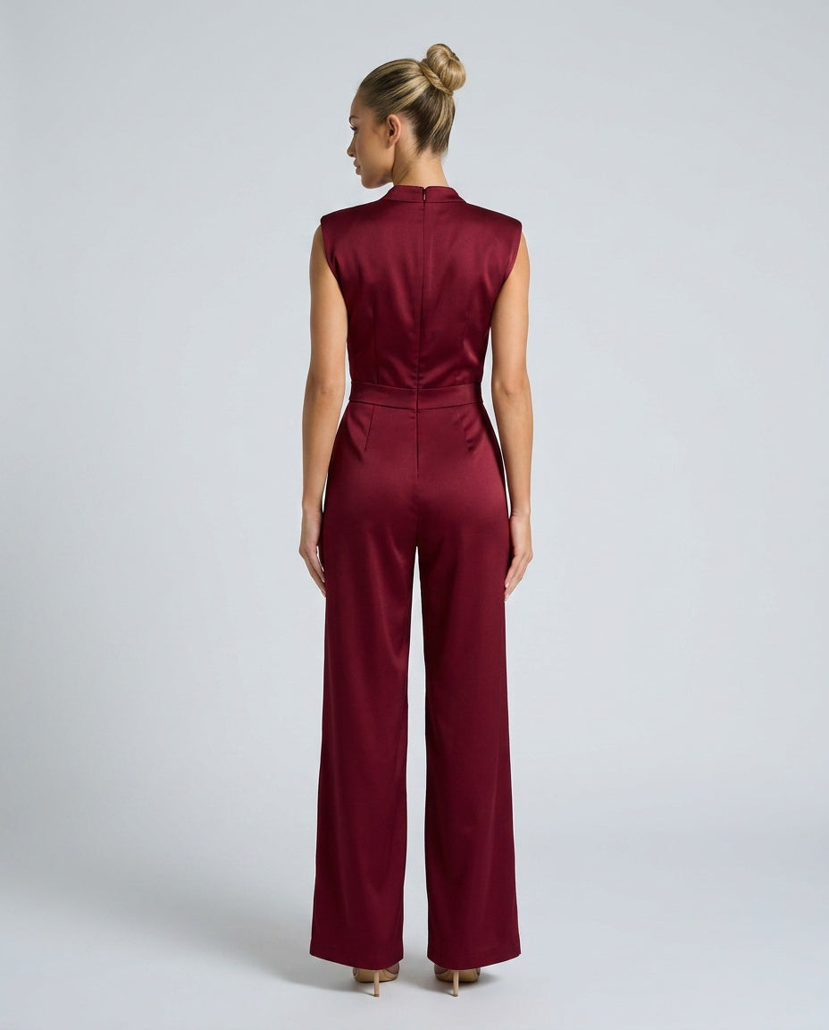 Brooke Satin Look Wide Leg Jumpsuit with Open Back in Wine Red