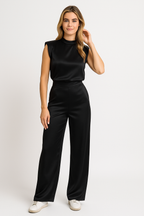 Brooke Satin Look Wide Leg Jumpsuit with Open Back in Black