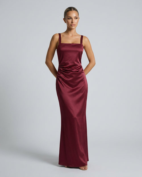 Calanthe Satin Look Square Neck Sleeveless Ruched Maxi Dress in Burgundy